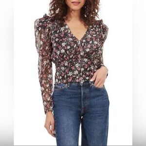 ASTR the Label Beverly Printed Puff Sheer Sleeve Top Blouse Floral NWT Size L